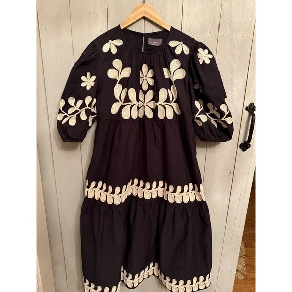 Anthropologie Embroidered Puff Sleeve Dress Floral Cotton Black Ivory XL Worn 1X - Picture 3 of 11
